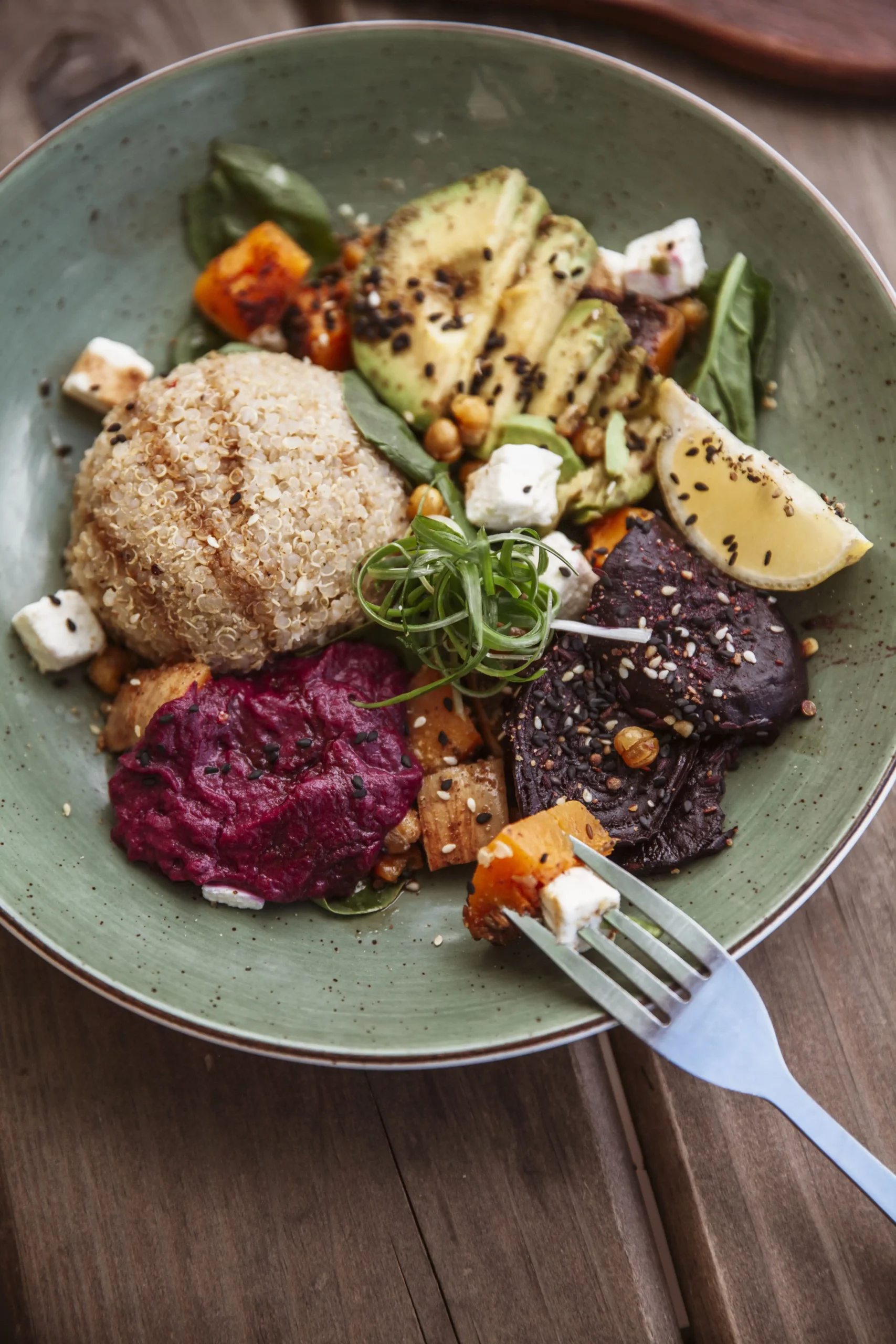 Close-up of roast veg bowl with vibrant colours